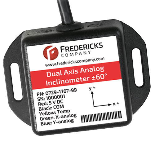 The 0729-1767-99 inclinometer from The Fredericks Company offers ±60° operating range with a regulated 5 V DC supply voltage.