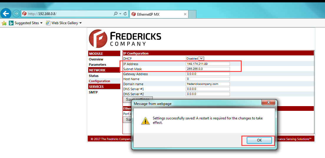 MX200 EthernetIP configuration page showing the saved network settings and restart message