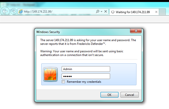 Browser authentication prompt for the MX200 at its newly assigned IP address