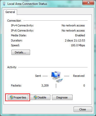 Windows Ethernet connection status window with Properties highlighted
