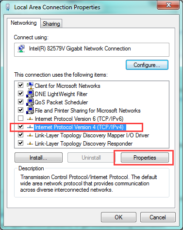 Windows Ethernet Properties window with Internet Protocol Version 4 TCP IPv4 selected