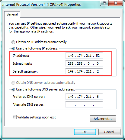 Windows IPv4 Properties window showing the computer's original IP address, subnet mask, and default gateway