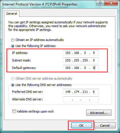 Windows IPv4 Properties window configured with temporary MX200 network settings