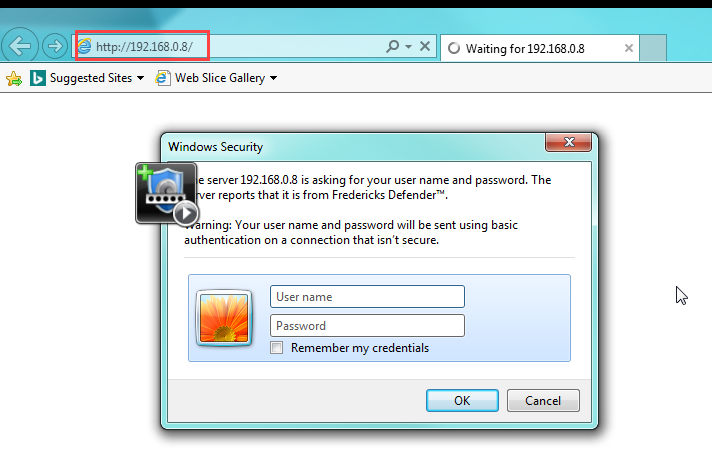 Browser authentication prompt for the MX200 at its default IP address
