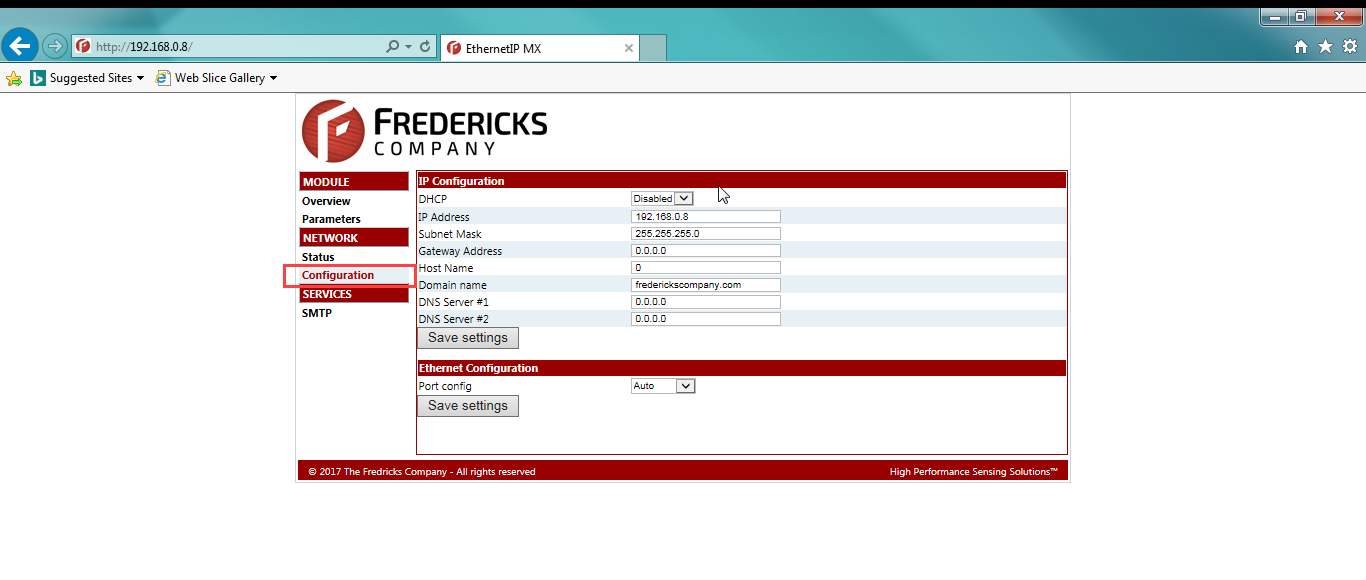MX200 EthernetIP web interface with the Configuration tab selected
