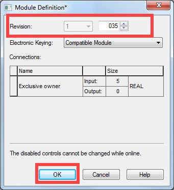 Rockwell Automation Module Definition window showing the revision fields