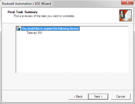 Rockwell Automation EDS Wizard Final Task Summary for Televac MX registration
