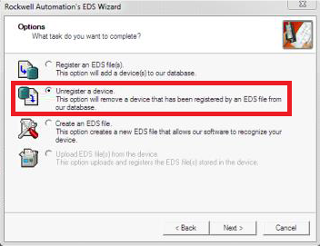 Rockwell Automation EDS Wizard showing Unregister a device selected