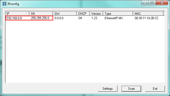 HMS IPConfig Utility showing the MX200 EthernetIP interface in the device list