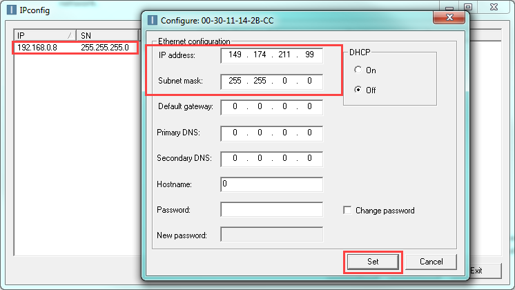HMS IPConfig configuration window showing the MX200 IP address and subnet mask fields