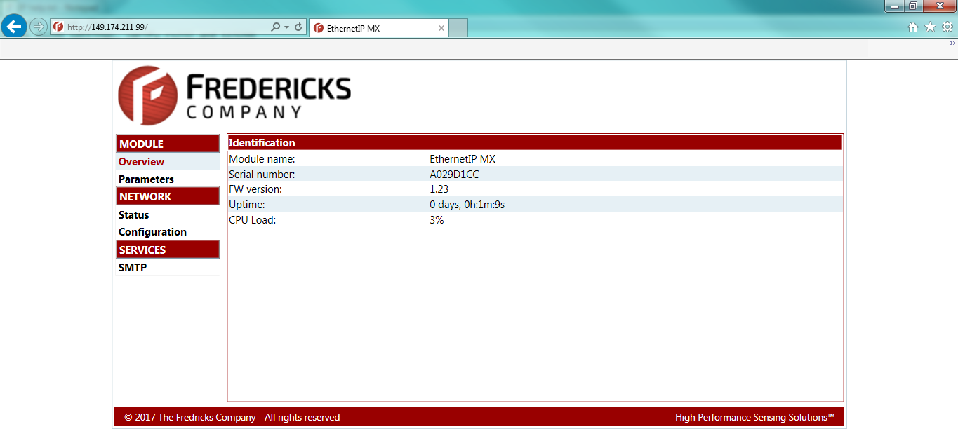 MX200 EthernetIP web interface showing module information and network settings