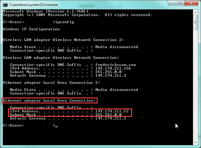 Windows Command Prompt showing ipconfig output with Ethernet IPv4 address and subnet mask