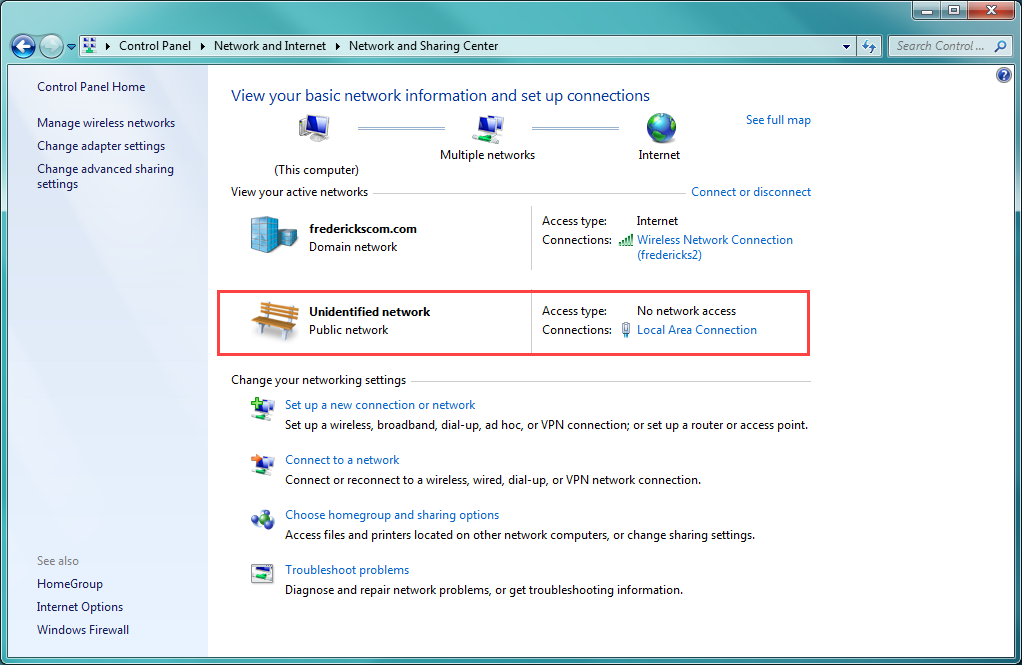 Windows Network and Sharing Center showing the active Ethernet connection