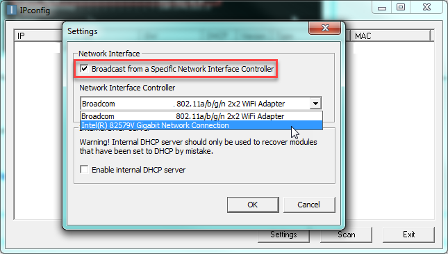HMS IPConfig settings with Broadcast from a Specific Network Interface Controller enabled