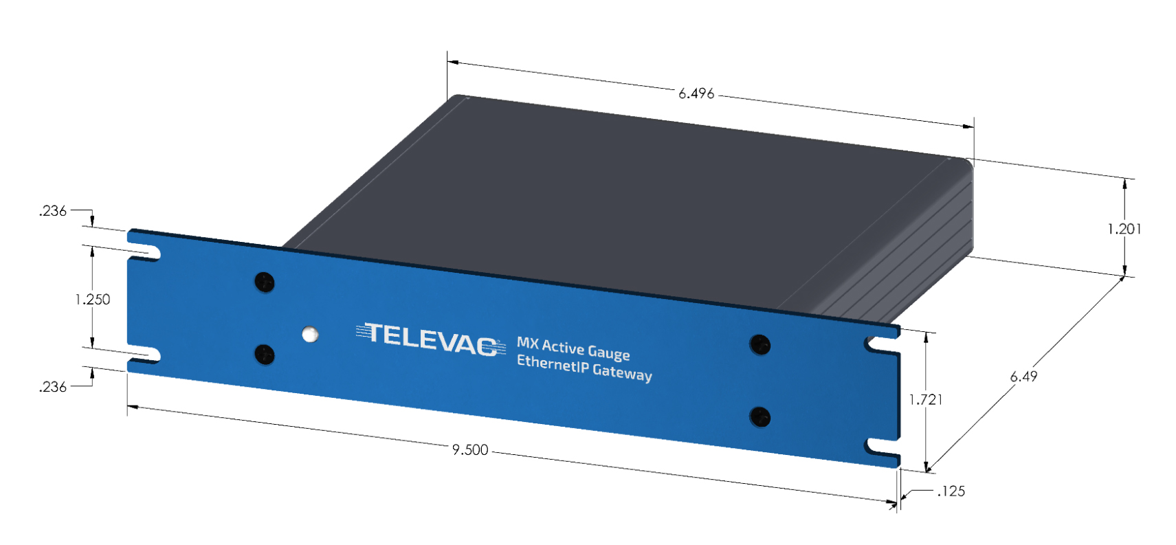 Dimensional drawing of the Televac® MX Active Gauge EthernetIP Gateway. Vacuum Controller for all Televac® MX Series Active Vacuum Gauges.
