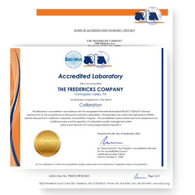 The Fredericks Company's ISO 17025:2017 Accredited Vacuum Calibration Certificate from A2LA.