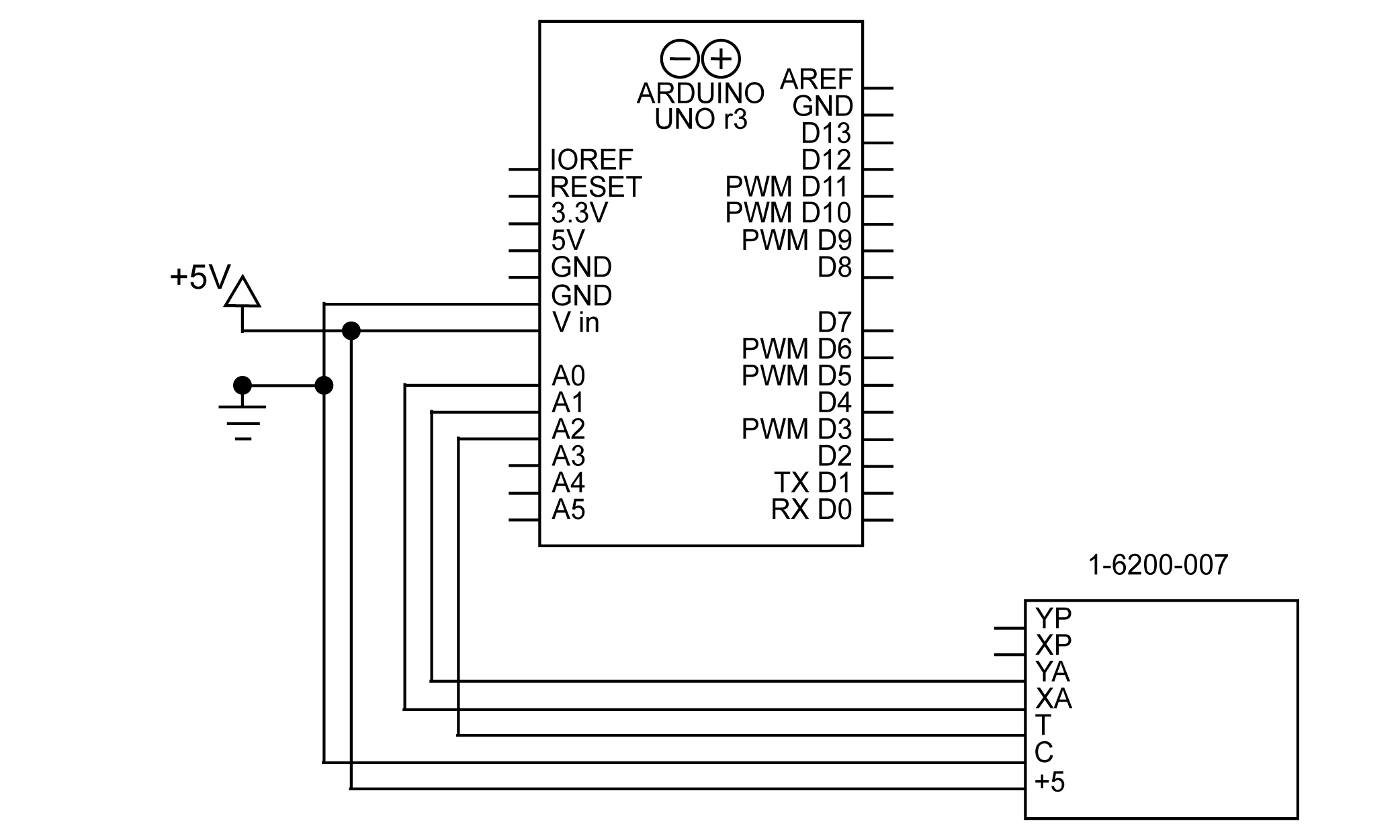Wiring Schematic for the 1-6200-007 and 1-6200-012 analog signal conditioners with an Arduino Uno
