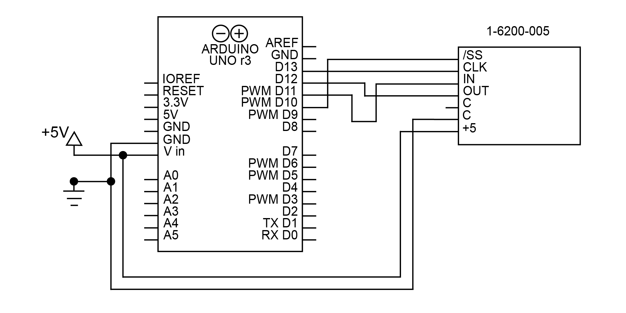Wiring Schematic for the 1-6200-005 SPI signal conditioners with an Arduino Uno