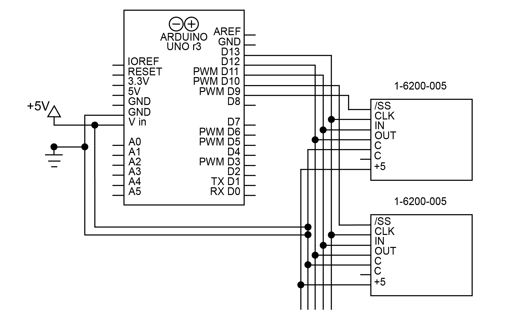 Wiring Schematic for the 1-6200-005 SPI Bus signal conditioners with an Arduino Uno