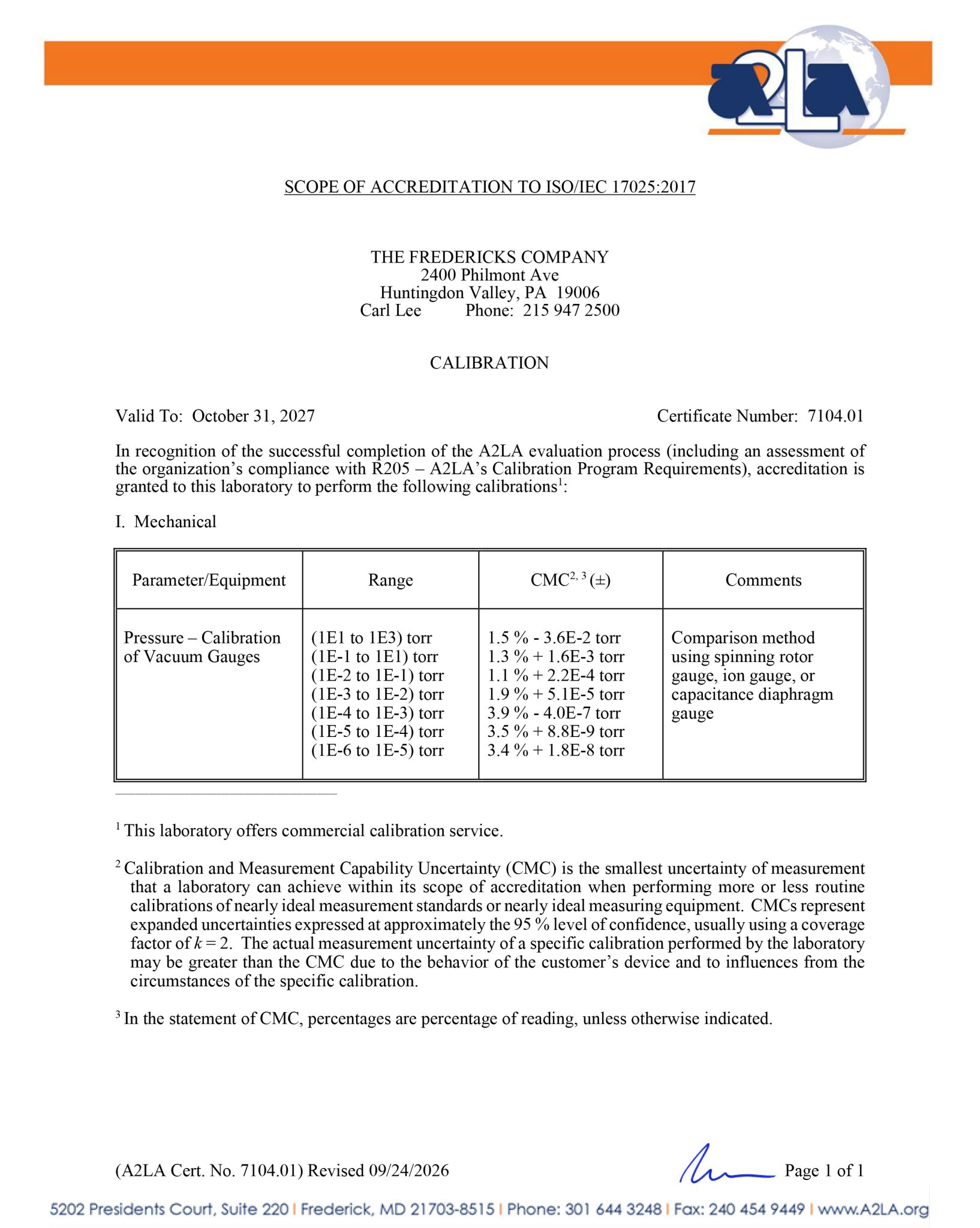 The Fredericks Company ISO 17025:2017 Certificate