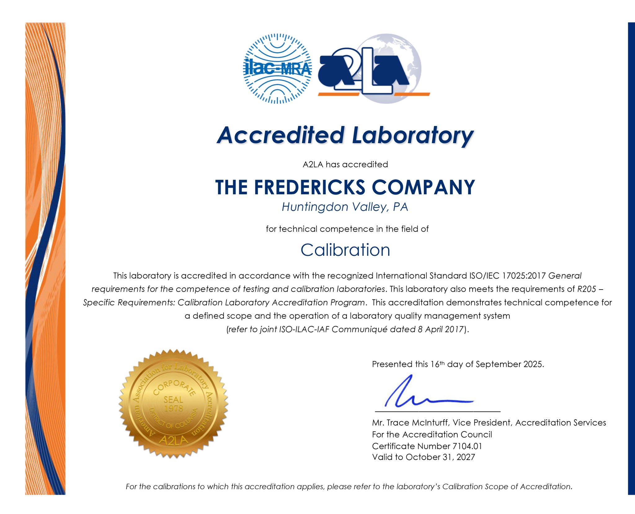 The Fredericks Company ISO 17025:2017 Certificate