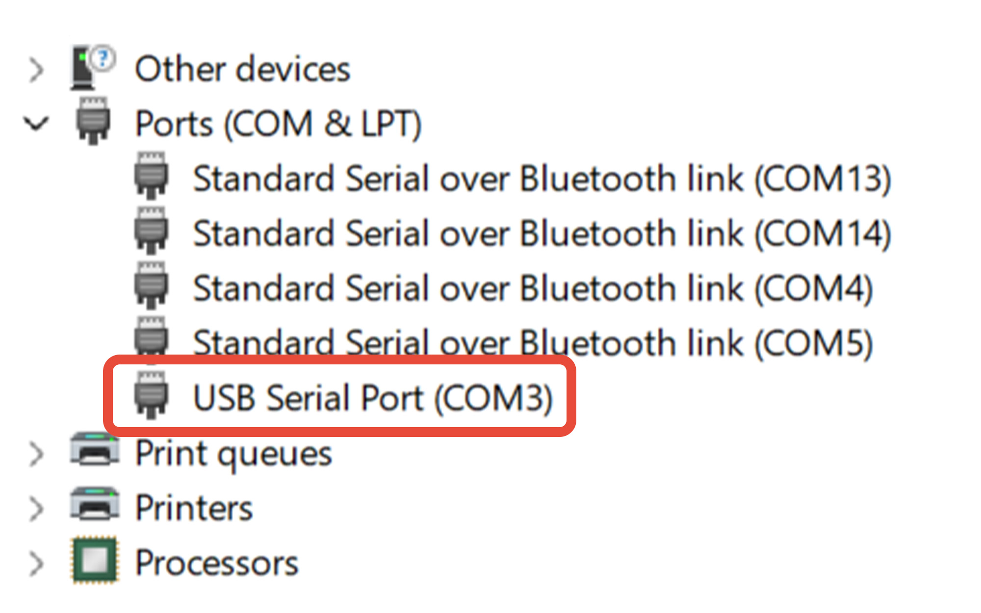 COM port displayed in Windows Device Manager
