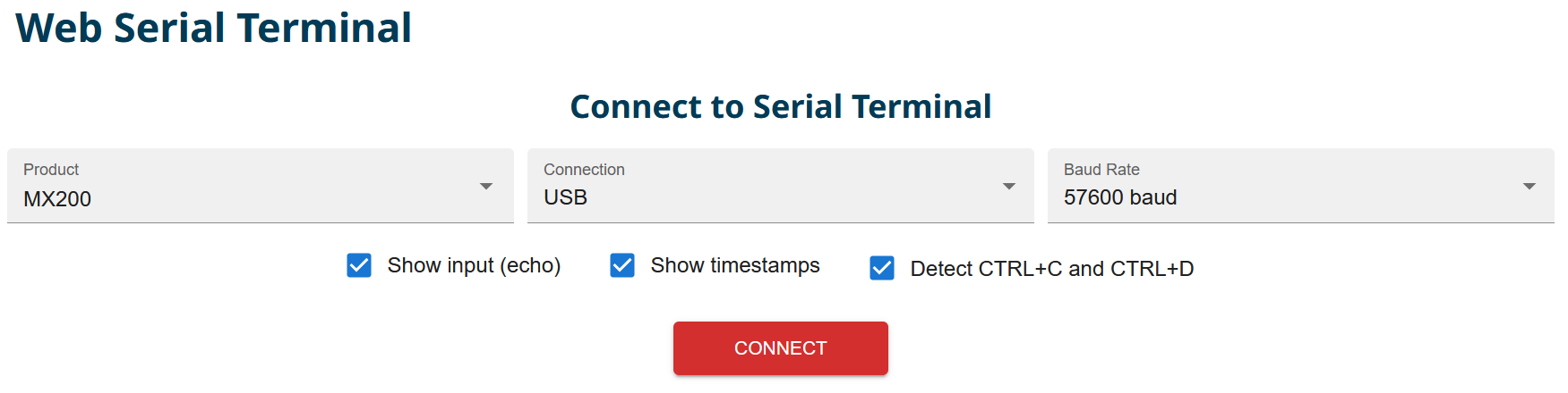 Online Serial Terminal configured for MX200 USB communication at 57600 baud