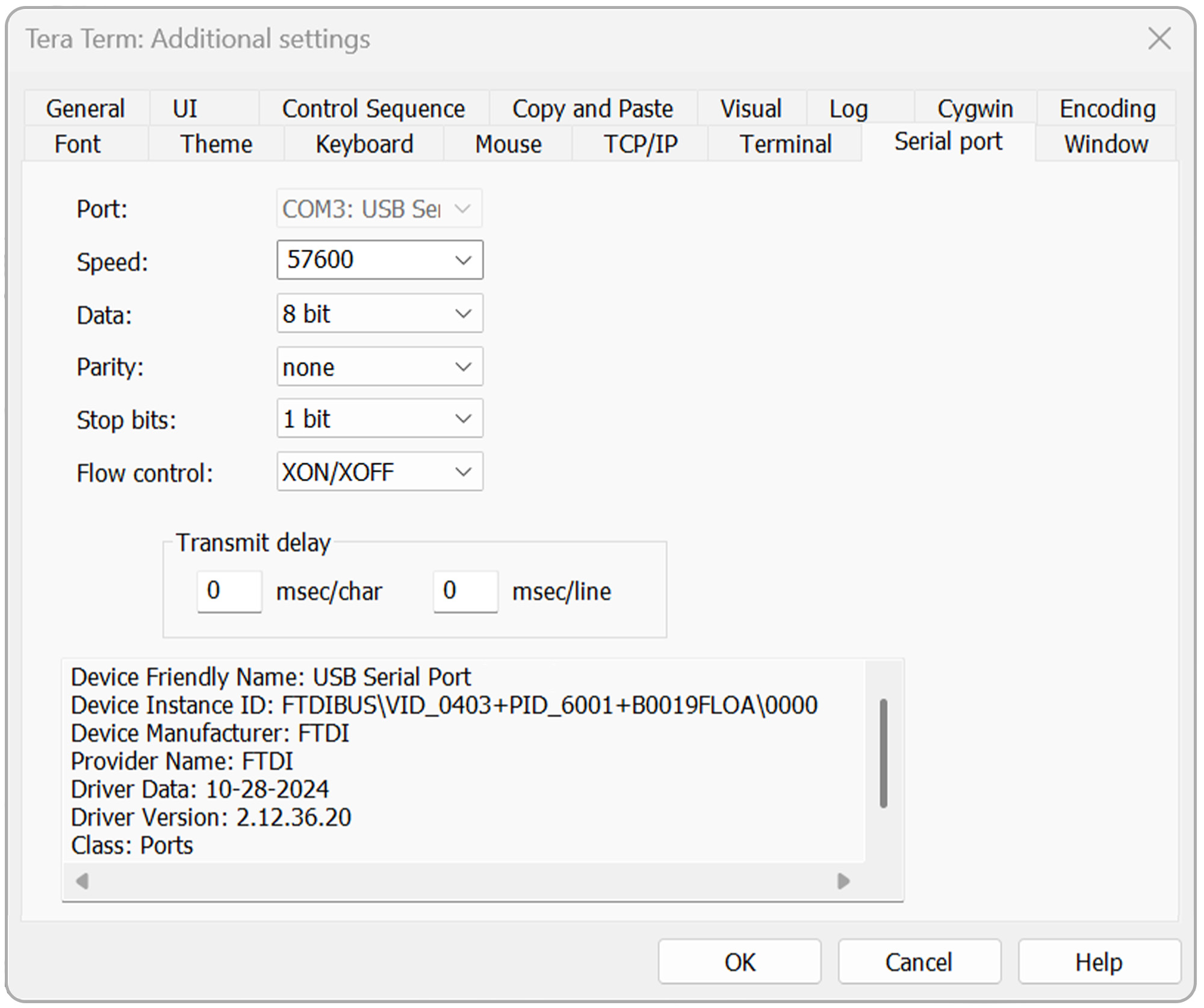 Tera Term serial port settings for MX200 communication
