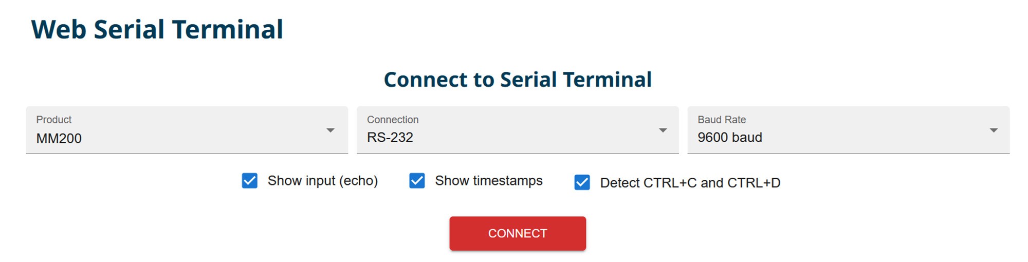 The Fredericks Company Online Serial Terminal configured for the MM200 using RS-232 at 9600 baud