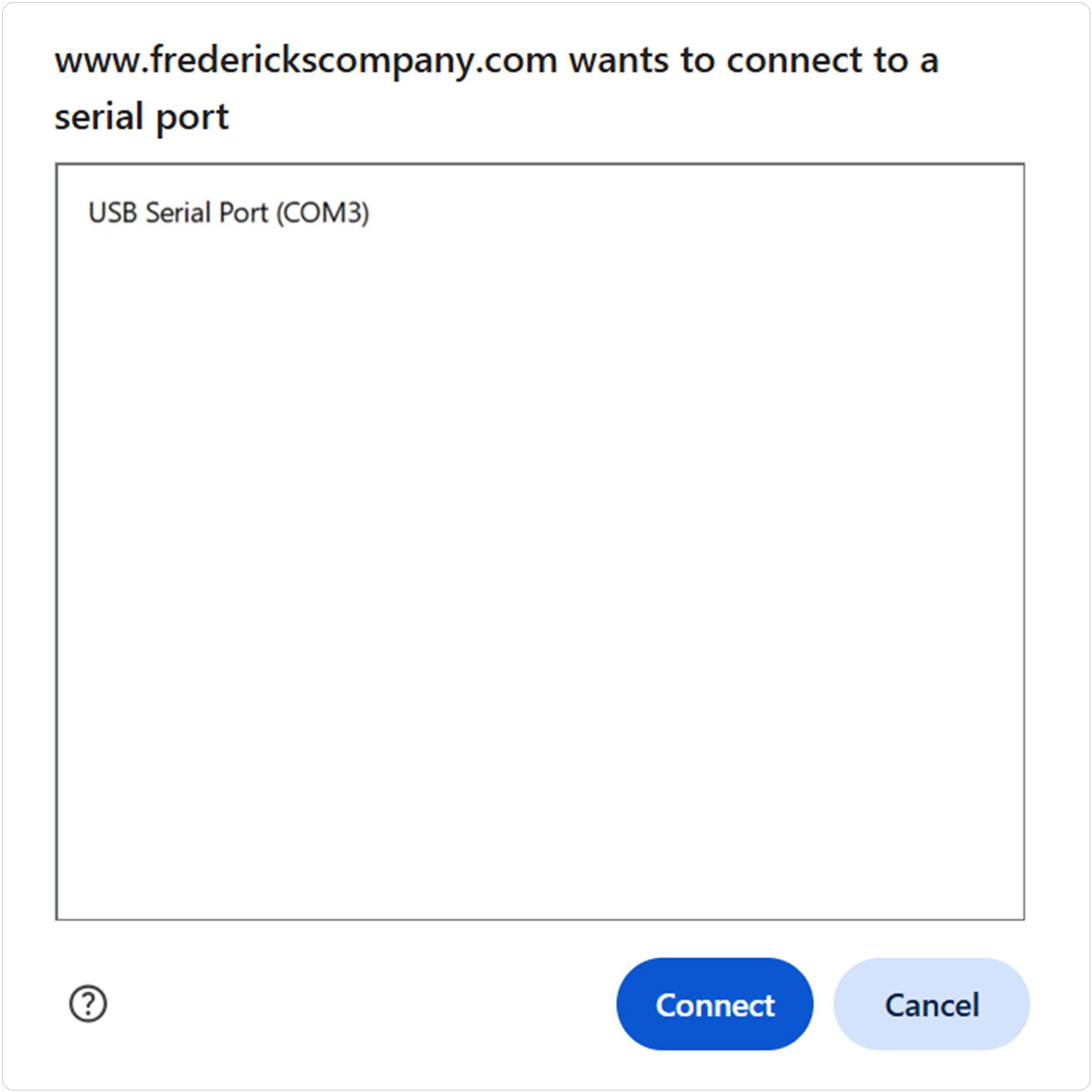 Browser serial-port selection window showing the USB Serial Port COM selection
