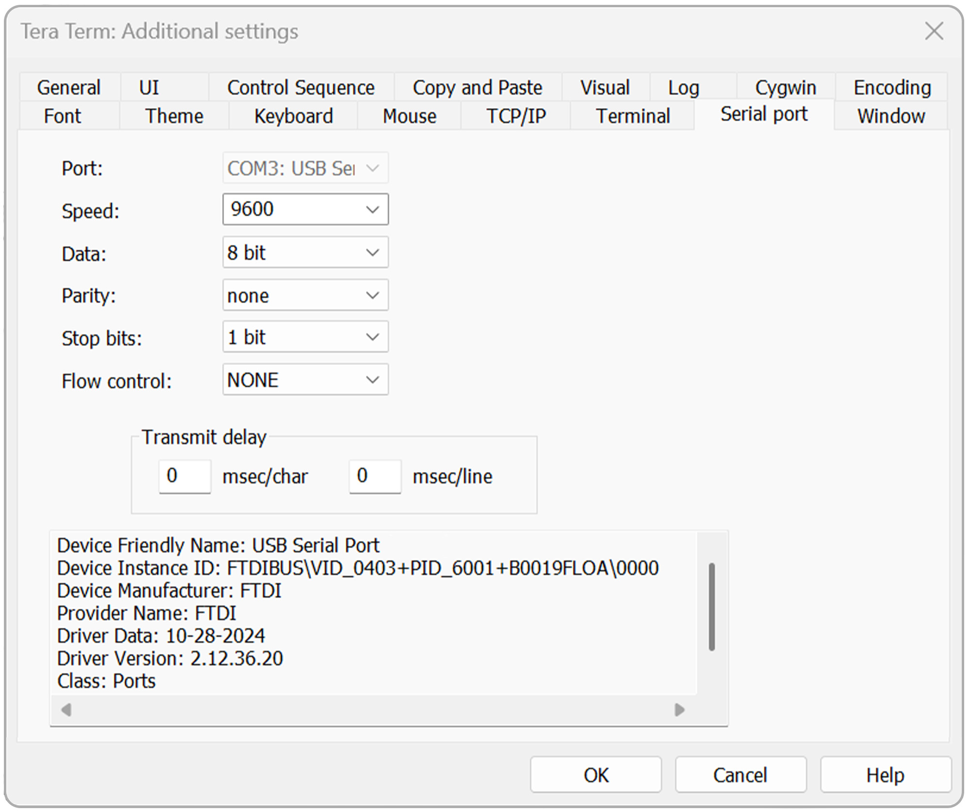 Tera Term Serial port settings window showing 9600 baud, 8 data bits, no parity, 1 stop bit, and no flow control