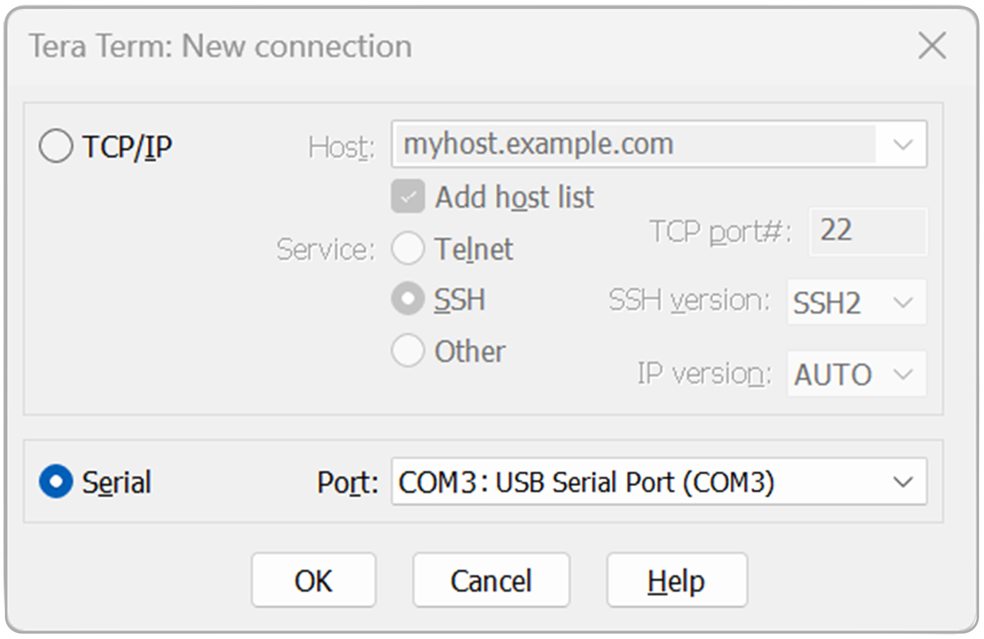 Tera Term New connection window with the COM port selected under Serial