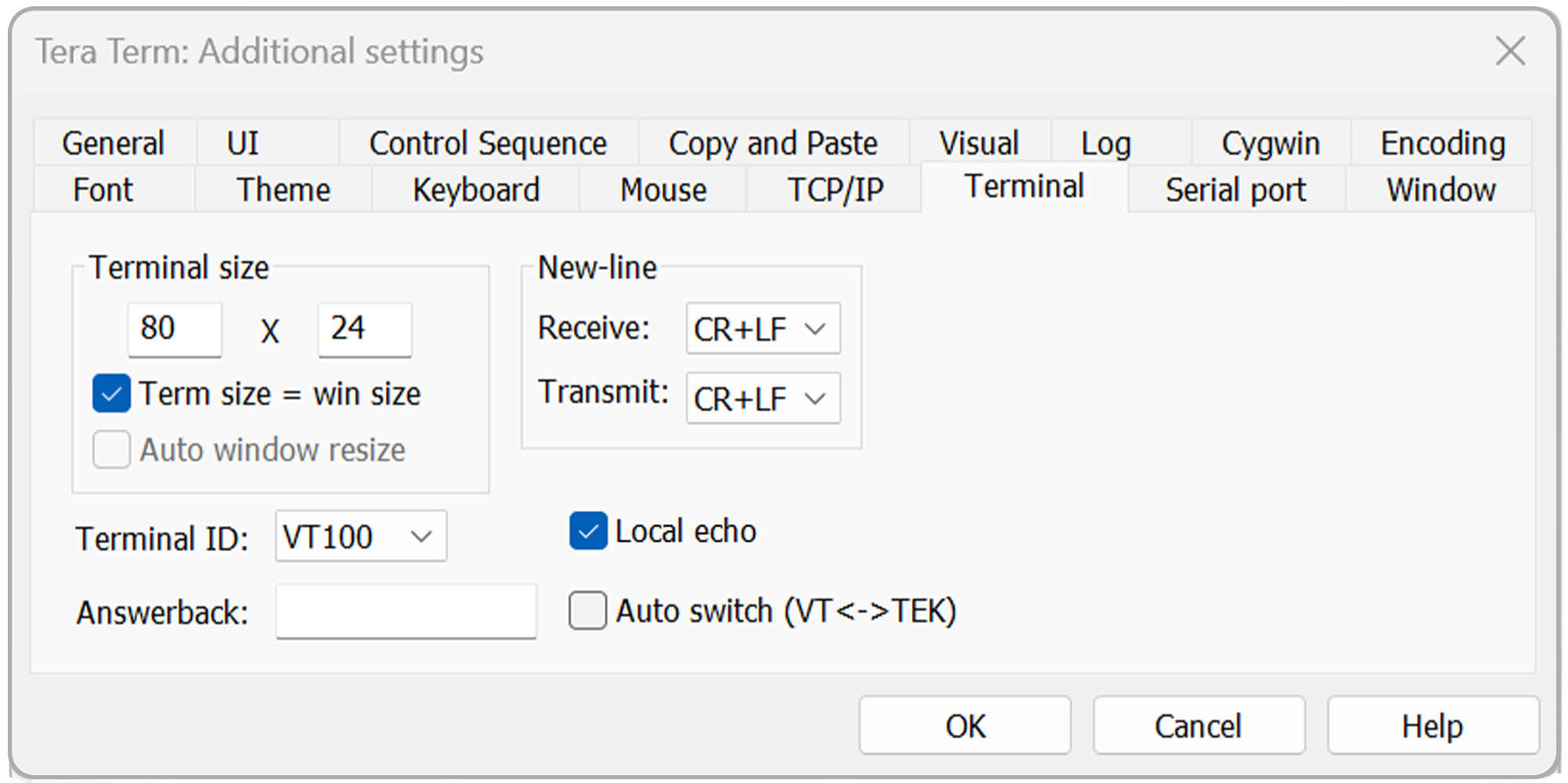 Tera Term Additional settings window showing CR+LF for receive and transmit under Terminal settings