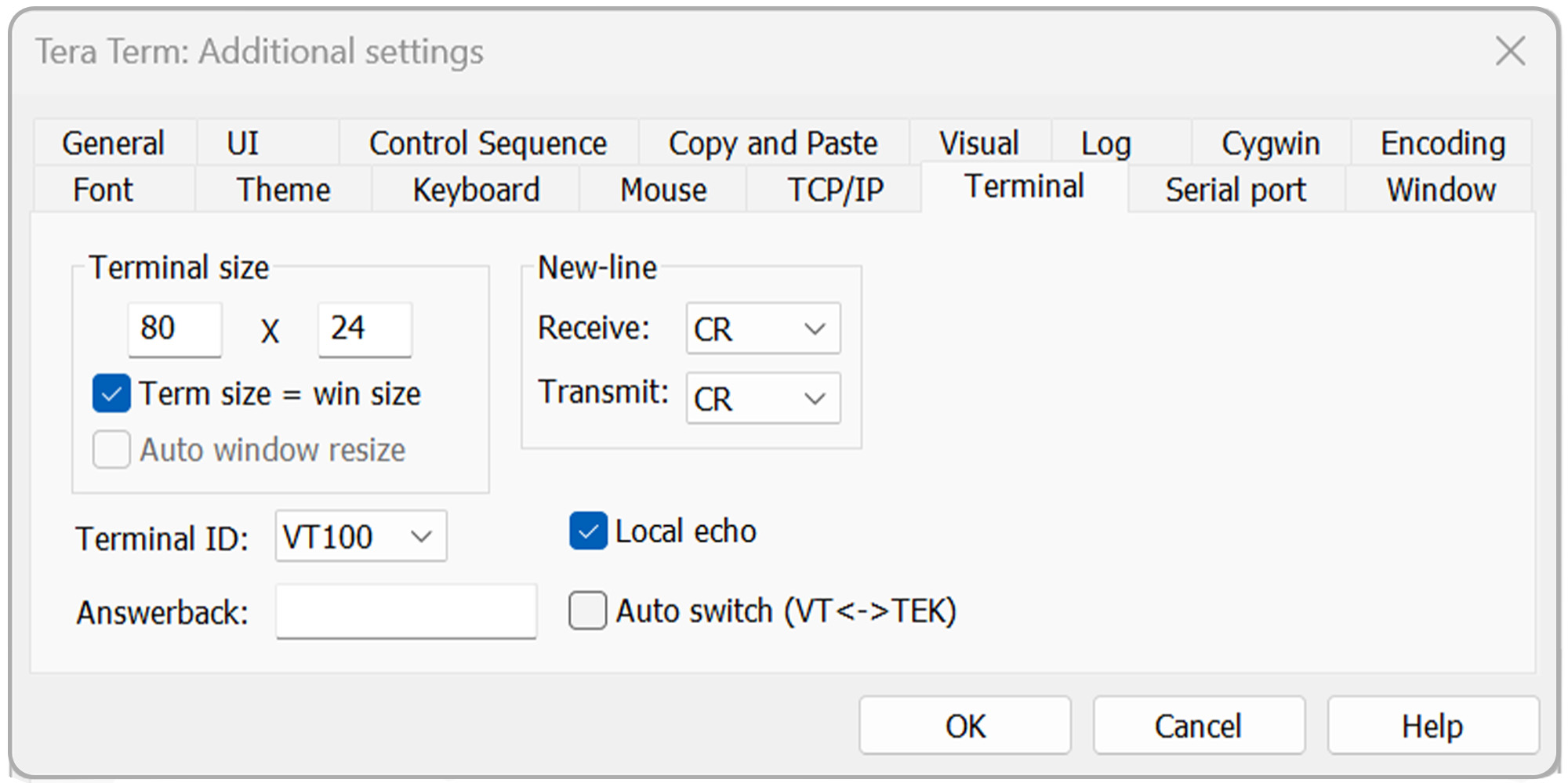 Tera Term terminal settings for MX200 bootloading