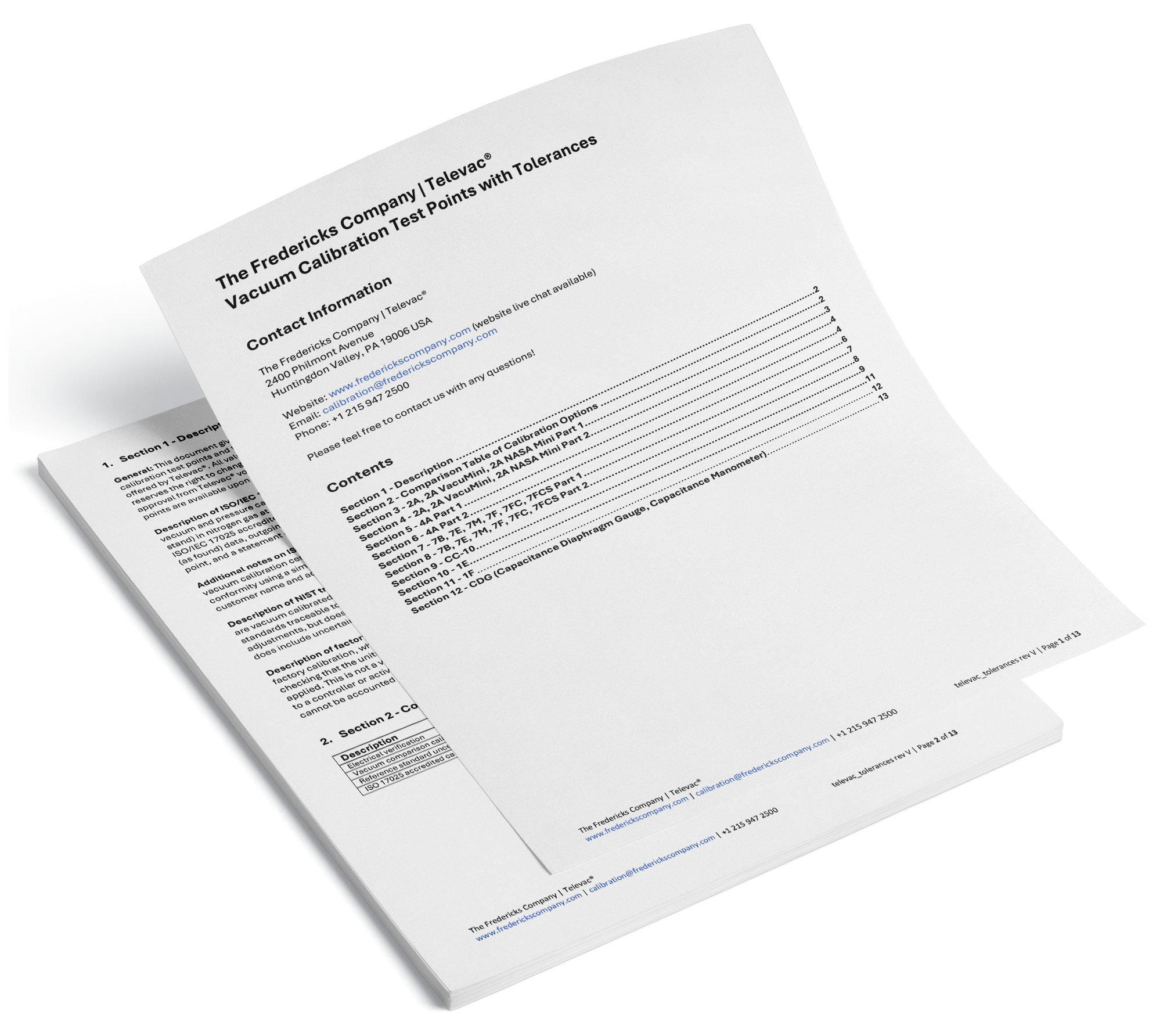 Televac vacuum calibration test points with tolerances