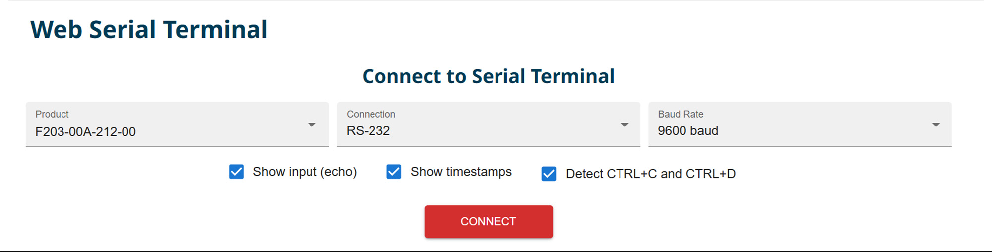 Web Serial Terminal configured with a tilt product, RS-232 connection, and 9600 baud