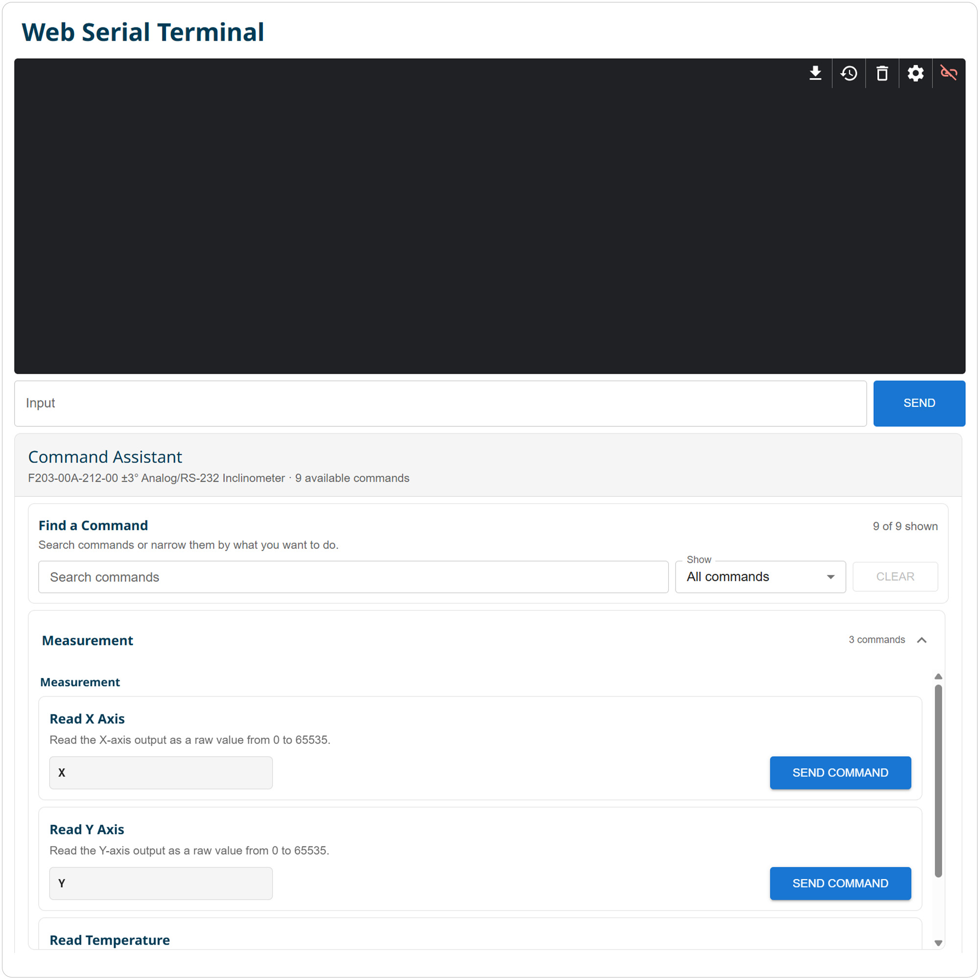 Web Serial Terminal showing the terminal input and Command Assistant